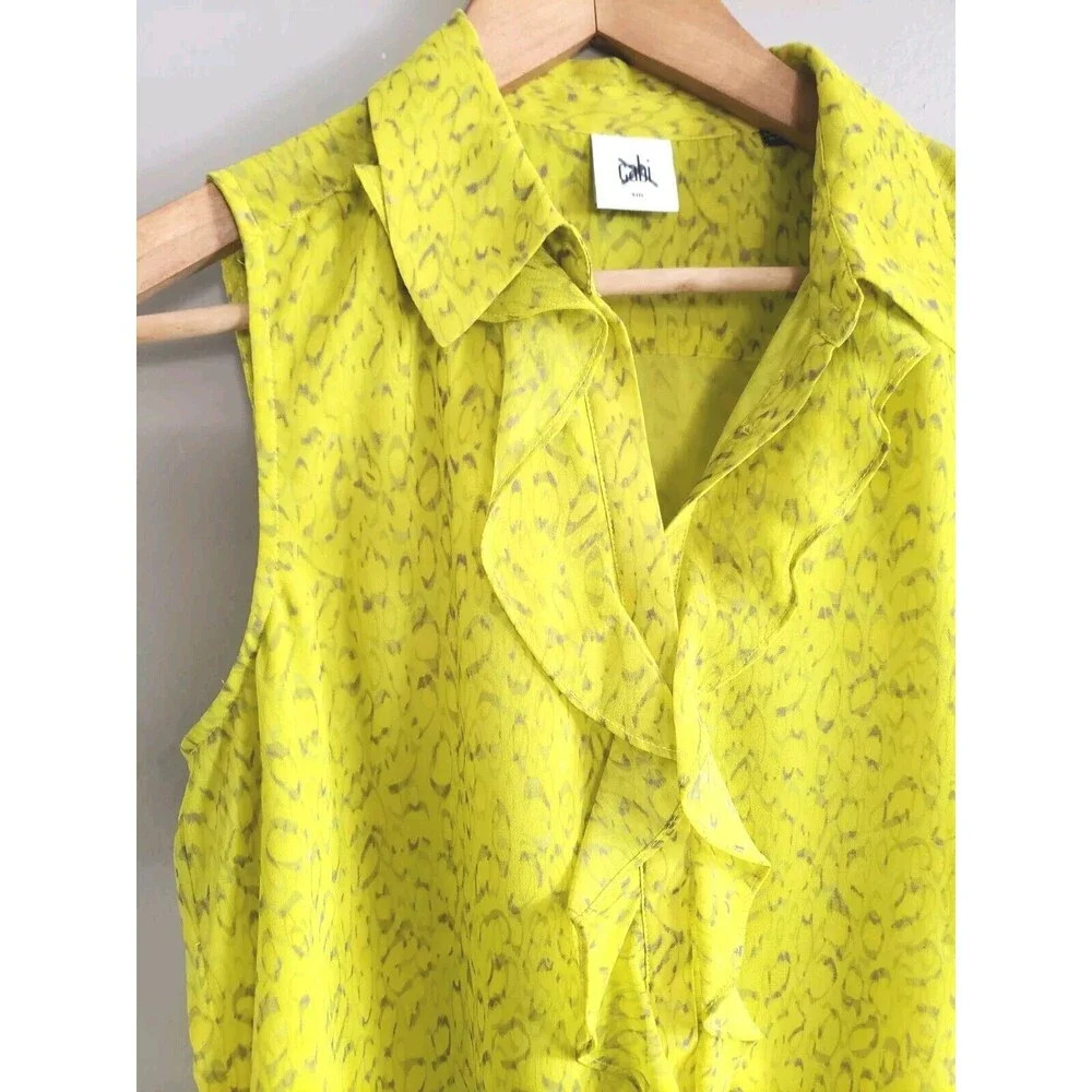 CAbi Reign Chartreuse Lime Chiffon Blouse Hi Low Hem Sleeveless Size Small - Picture 3 of 9